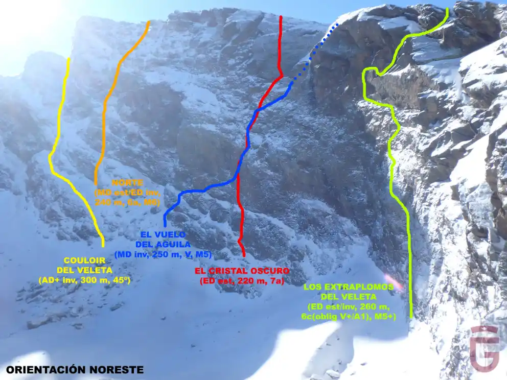 Vías de escalada orientadas al noreste  (bajo condiciones invernales)